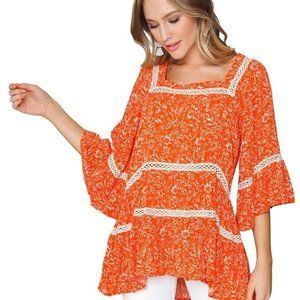 Free People Talk About It Orange Peasant Floral Crochet Trim Top XS